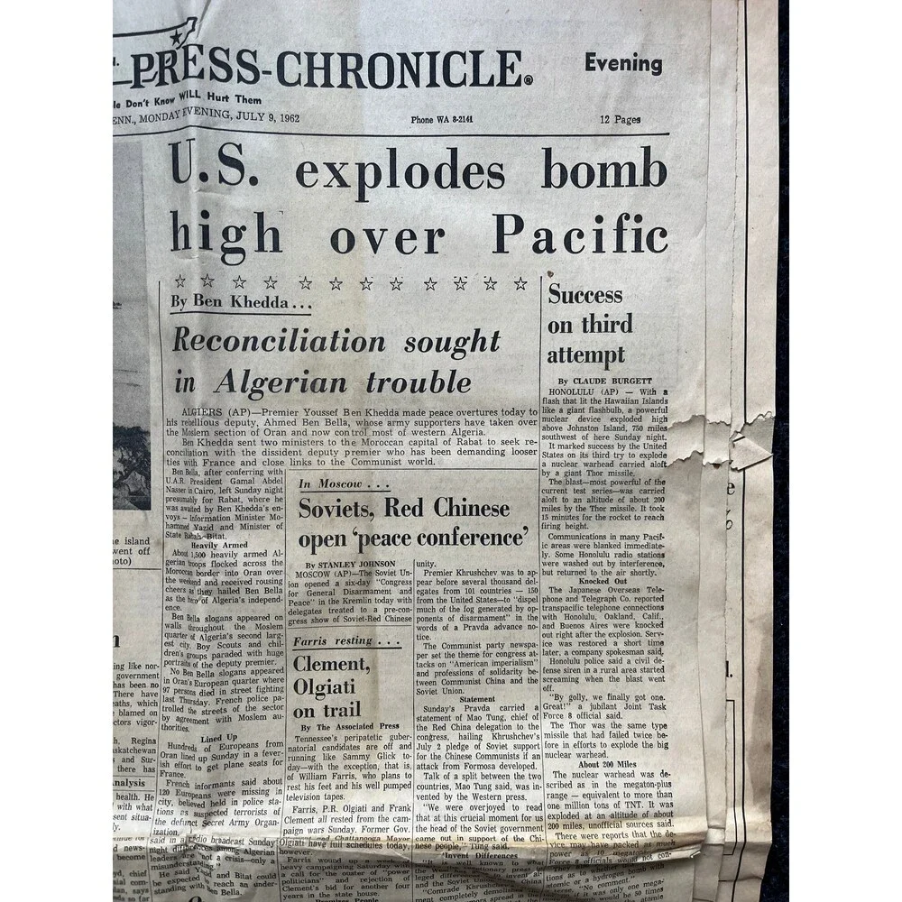 1962 Operation Dominic US Tests 31 Nuclear Bombs, Original Vintage Newspaper, C